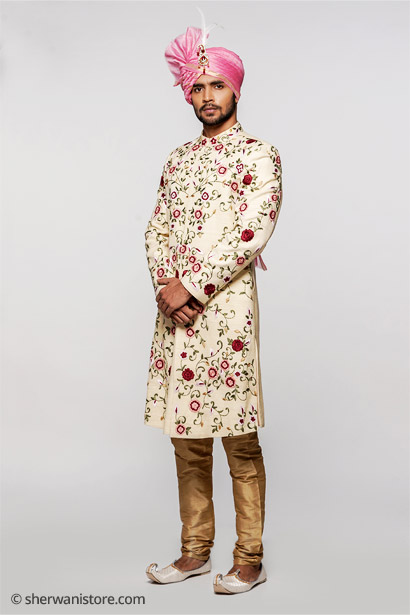 Wedding Sherwani with-kurta Churidar Pajama Juti Turban Kalgi Resha Embroidery Khadi Silk Fabric