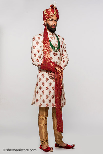 Wedding Sherwani with Kurta Churidar Pajama Juti Turban Stole Kalgi Resham Embroidery Khadi Silk-fabric