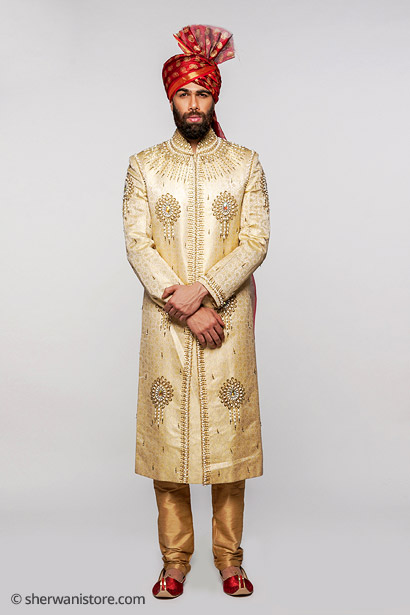 Wedding Sherwani with Kurta Churidar Pajama Juti Turban Kalgi Zardozi Embroidery Banarasi Golden Brocade Fabric