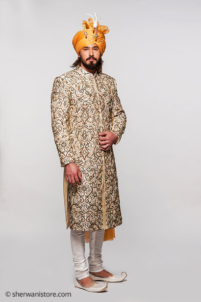 Wedding Sherwani with Kurta Churidar Pajama Juti Turban Real Mughalai Dabka-zardozi Embroider Dupion Fabric