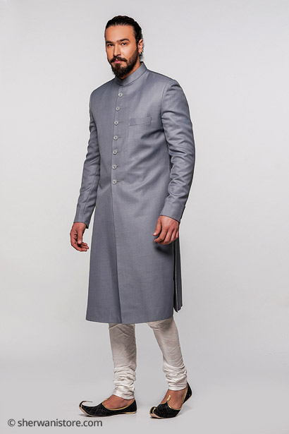 Achkan Sherwani with Kurta Churidar Pajama Juti Polyester Wool Viscose Fabric