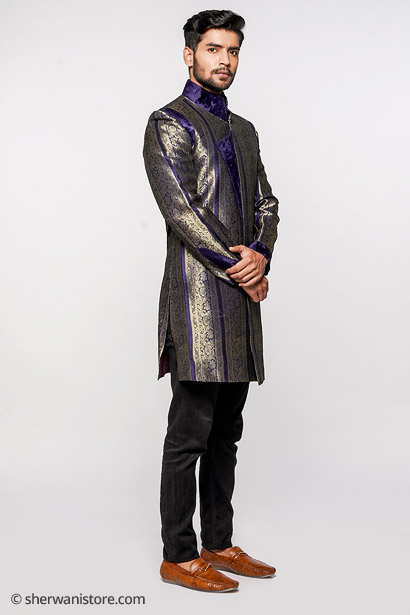 Indo Western with Trouser- Men Navy Blue with Royal Blue Velvet Brocade Fabric
