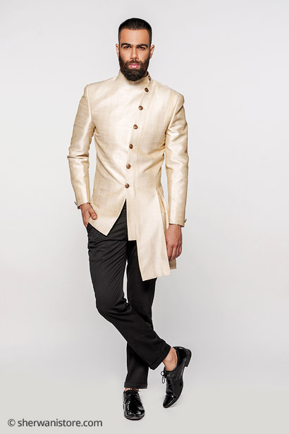 Indo Western with Trouser Men Beige Dupion Silk Fusing Fabric
