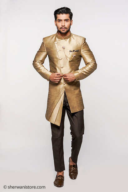 Indo Western with Trouser Men Khakhi Dupion Silk Fusing Fabric