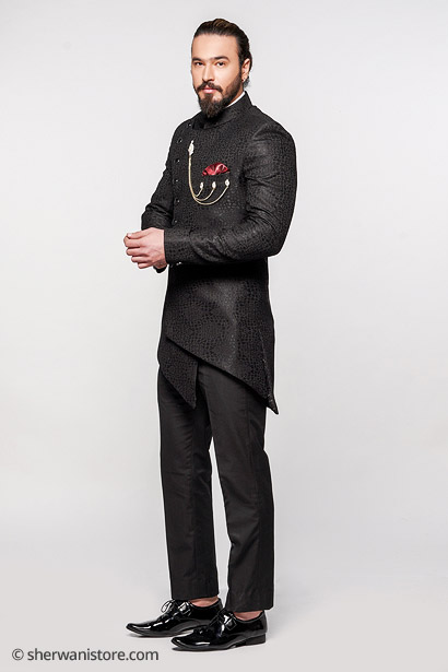 Indo Western with Trouser Men Black Marble Print Ppolyester and Viscose Fabric
