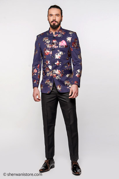 Jodhpuri with Trouser Men Navy Blue Leather Look Stretch Polyester Fabric