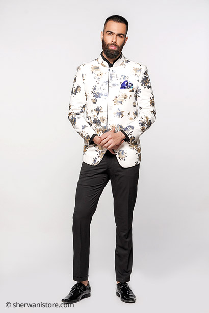 Jodhpuri with Trouser Men White Leather Look Stretch Polyester Fabric