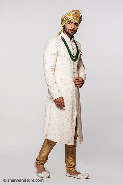 Wedding Sherwani with Kurta Churidar Pajam Juti Turban Kalgi Pocket Square Georgette Thread Embroidery Fabric