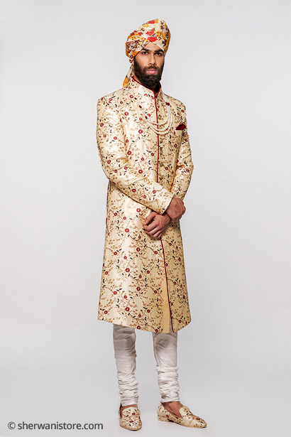 Wedding Sherwani with Kurta Churidar Pajama Juti Turban Pocket Square Thread And Tilla Embroidery Banglore Slik Fabric