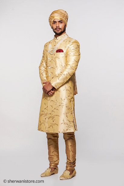 Wedding Sherwani with Kurta Churidar Pajama Juti Turban Pocket Square Tilla Embroidery Banglore Slik Fabric