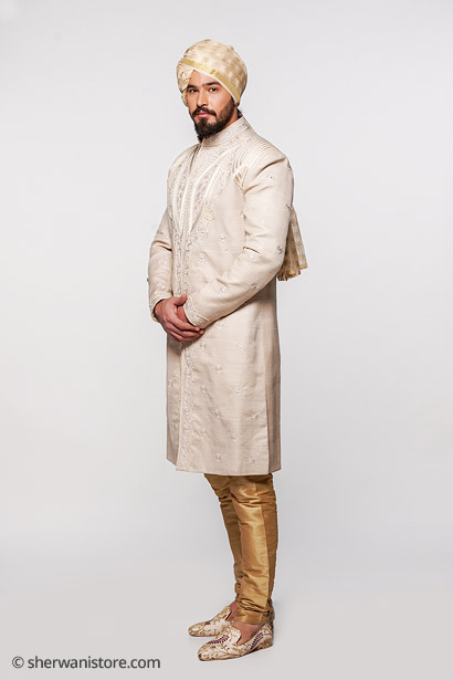 Wedding Sherwani with Kurta Churidar Pajama Juti Turban Resham Zardozi Embroidery Khadi Slik Fabric
