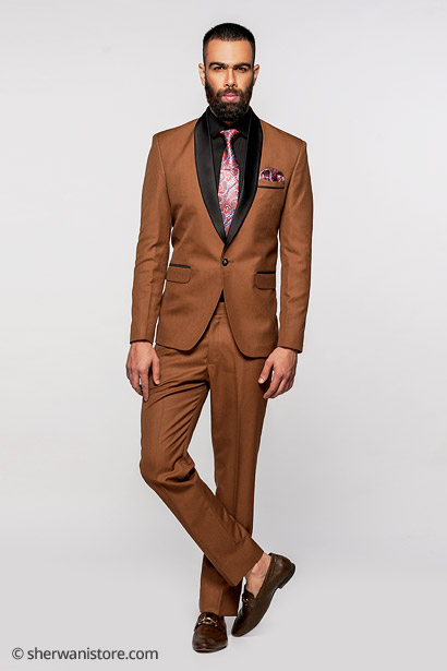Tuxedo with Shirt Tie Trouser Men Golden Brown Polyester and Viscose Fabric